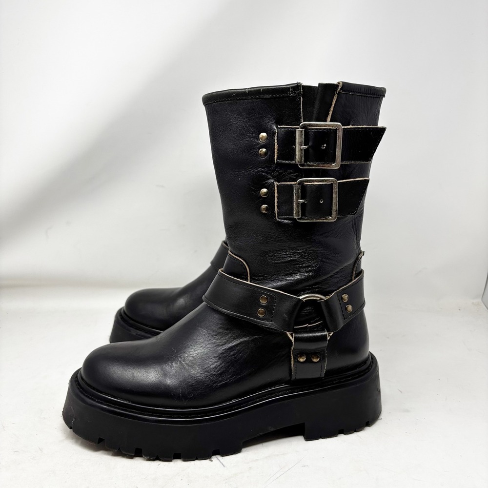 Steve Madden Black Leather Moto Harness Platform Lug Sole Boots Womens Size 7M - Picture 10 of 10